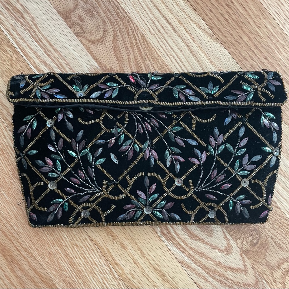 Vintage 1950s Black Beaded Embellished Velvet  Clutch Purse by Josef
